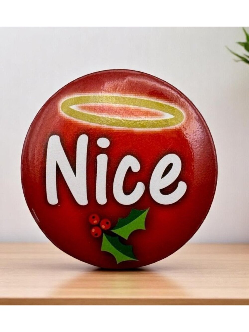 Christmas Themed Nice Red Button Pin with Holly and Angel Halo Design Pinback